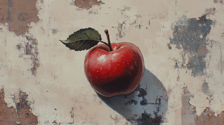 A vibrant red apple rests elegantly against a textured background, showcasing its natural shine and green leaf. Ideal for health and food themes.の素材