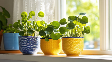A beautiful arrangement of vibrant green plants in decorative pots on a sunny windowsill, creating a refreshing and cheerful interior landscape.の素材
