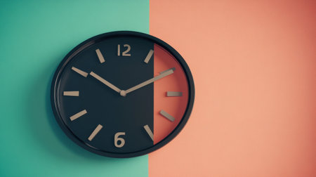 A stylish wall clock showcasing a minimalist design set against a two-tone pastel background. This unique piece adds a modern touch to any interior decor.の素材