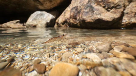 A stunning image capturing a freshwater shrimp gracefully swimming in clear water with natural stones visible in a serene riverbed environment.の素材