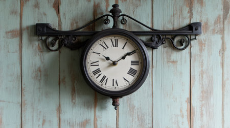 This vintage wall clock features a round face with Roman numerals, elegantly designed with an antique finish, set against a rustic wooden backdrop.の素材