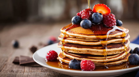 A tempting stack of fluffy pancakes adorned with fresh berries and drizzled with syrup, capturing the essence of a delightful breakfast experience.の素材