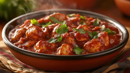A steaming bowl of tender chicken pieces in a rich tomato sauce, beautifully garnished with fresh coriander, perfect for sharing at dinner time.の素材