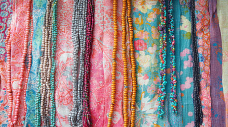 A vibrant display of various beaded necklaces showcases a rich array of colors and textiles, reflecting craft culture and creativity in a market setting.の素材