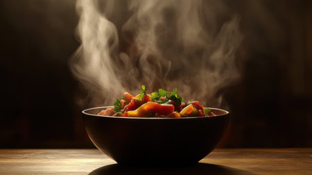 A captivating image of a steaming bowl filled with a colorful medley of fresh vegetables and herbs, set against a warm kitchen backdrop.の素材