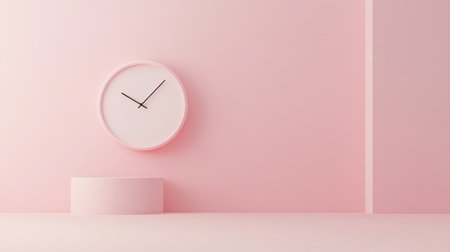 This image features a round pink clock against a soft pink wall, highlighting a minimalist design ideal for modern interiors. Perfect for stylish home decor.の素材