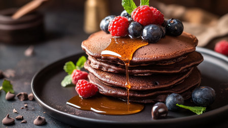 A tempting stack of rich chocolate pancakes adorned with juicy raspberries and blueberries, drizzled with warm syrup, creating a perfect morning treat.の素材