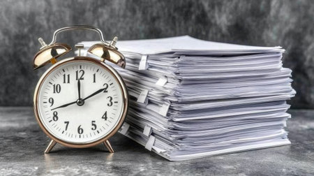 A vintage alarm clock positioned next to a stack of papers on a marble background, symbolizing time management, organization, and productivity in the workplace.の素材