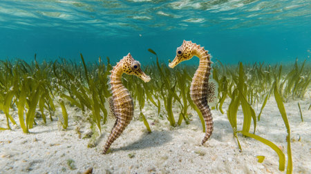 Discover the enchanting world of two seahorses gracefully interacting in a vibrant underwater scene filled with lush seagrass and shimmering blue waters.の素材