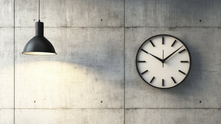 A striking modern interior scene featuring a minimalist clock and pendant light against a raw concrete wall, enhancing the elegance of the space.の素材