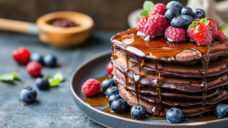 A tempting stack of fluffy chocolate pancakes drizzled with rich maple syrup showcases fresh strawberries, blueberries, and raspberries, ideal for any breakfast affair.の素材