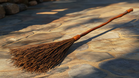 A traditional broom featuring a straw brush head and a sturdy wooden handle rests on a rustic stone surface, showcasing its natural beauty and craftsmanship.の素材