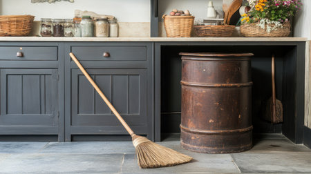 A charming rustic kitchen corner featuring a wooden broom, an antique canister, and decorative elements, creating a warm and inviting atmosphere.の素材