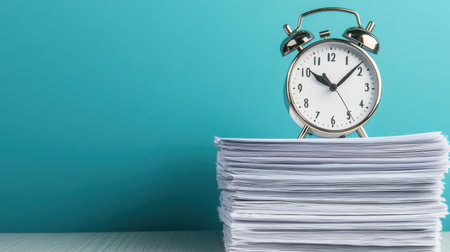 A vintage-style clock rests atop a neatly arranged stack of papers, symbolizing the importance of time management in productivity and organization.の素材