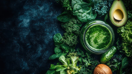 A vibrant display of green superfoods featuring a smoothie, avocado, nuts, and assorted leafy vegetables set against a dark background, promoting health and vitality.の素材