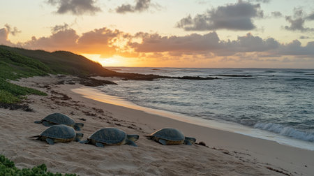 This stunning image showcases four turtles resting on a sandy beach during sunset, highlighting the ocean's gentle waves and colorful clouds.の素材