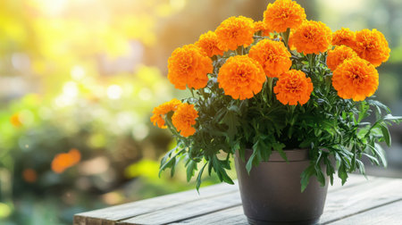 A stunning arrangement of vibrant orange marigold flowers in a simple pot, set against a blurred, sunlit garden background, perfect for nature lovers.の素材