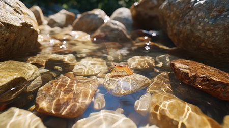 This stunning close-up image captures a shrimp resting on a smooth rock under clear water, illuminated by sunlight. The tranquility and beauty of nature shine through, showcasing the intricate details of the aquatic environment.の素材