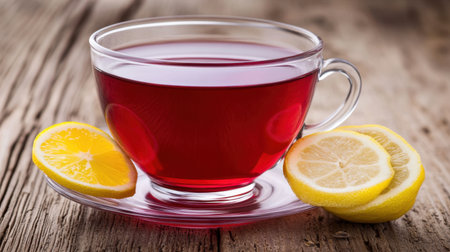 A visually appealing image featuring a clear glass cup filled with warm herbal tea and fresh lemon slices against a rustic wooden background.の素材