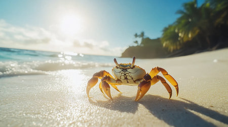 A vibrant crab scuttles across a sunlit beach, with gentle waves lapping at its feet and palm trees framing the serene tropical landscape.の素材