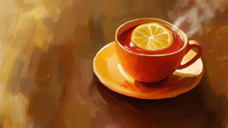 This image features a warm cup of tea with a slice of lemon, producing steam in a cozy setting. The vibrant colors and artistic style create a comforting atmosphere perfect for relaxation and enjoyment.の素材