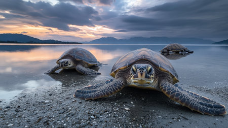 A stunning moment captured as majestic sea turtles explore a tranquil beach during sunset, showcasing the beauty of marine wildlife and nature.の素材