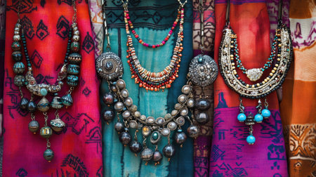 This stunning image showcases a vibrant collection of handmade necklaces displayed against a colorful textile background, highlighting intricate craftsmanship and cultural flair.の素材