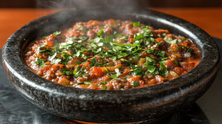 A steaming bowl of spicy chili garnished with fresh cilantro showcases a rich combination of flavors and textures in a rustic stoneware dish.の素材