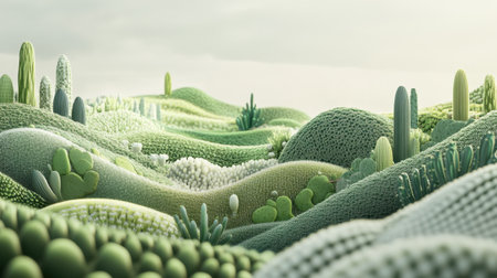 This stunning surreal landscape features textured hills adorned with various cacti, all in soothing shades of green. The soft lighting enhances the calming atmosphere, making it perfect for artistic projects.の素材