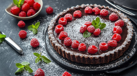 A stunning chocolate tart adorned with vibrant raspberries and fresh mint leaves, dusted with powdered sugar for an elegant dessert presentation.の素材