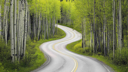 A picturesque winding road meanders through a vibrant aspen forest, showcasing lush green foliage under a bright blue sky in springtime.の素材