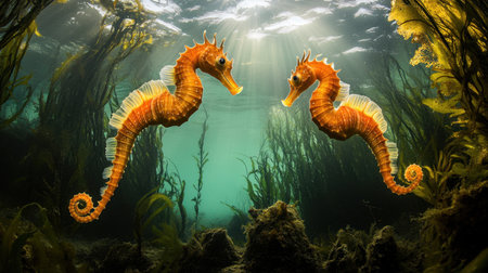 This stunning underwater scene captures two vibrant seahorses interacting gracefully amidst seaweed and aquatic plants in a serene ocean environment.の素材