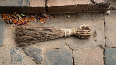 A traditional handcrafted broom made of natural materials lies on a stone surface, highlighting simplicity and rustic charm in everyday cleaning tasks.の素材