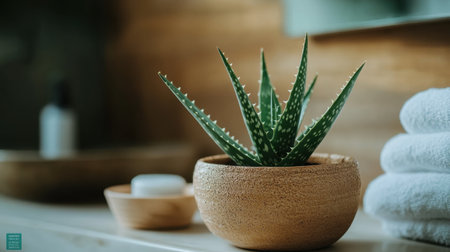 A beautifully arranged aloe vera plant in a natural wood bowl placed on a bathroom shelf, surrounded by soft towels, promoting a sense of tranquility and wellness.の素材