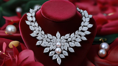 A stunning diamond necklace featuring a floral design, showcased on rich velvet amidst rose petals and pearls, perfect for elegant occasions.の素材