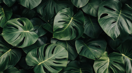 A vibrant arrangement of lush green tropical leaves with unique cutouts, perfect for enhancing nature-inspired designs and decor.の素材