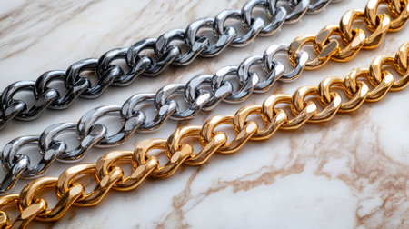 This image features a close-up view of metallic chains in silver, gold, and bronze arranged on a marble background, showcasing their elegance and texture.の素材