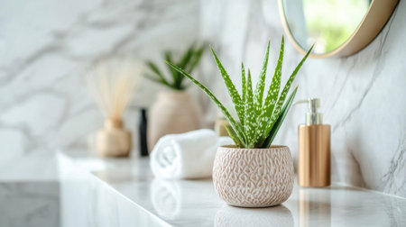 A vibrant aloe vera plant in a textured pot sits gracefully on a marble bathroom countertop, creating a serene and modern aesthetic perfect for any space.の素材