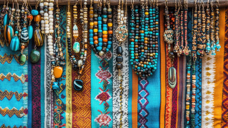 This captivating image features an array of handmade jewelry pieces and colorful textiles, showcasing intricate designs and vibrant tones. Perfect for art and fashion enthusiasts.の素材