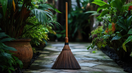 A wooden broom stands elegantly on a stone pathway, surrounded by vibrant green plants in a serene garden setting, emphasizing natureの素材