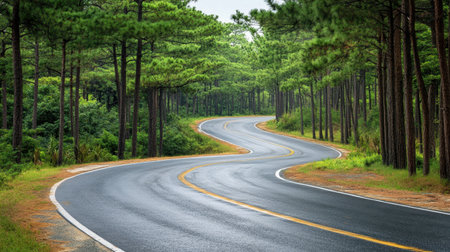 A serene curved road meanders through a lush green landscape, surrounded by tall pine trees. This tranquil scene invites exploration and reflection.の素材
