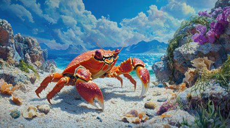 A colorful red crab stands prominently on a sandy beach, surrounded by corals and gorgeous ocean scenery under a bright blue sky, capturing marine beauty.の素材