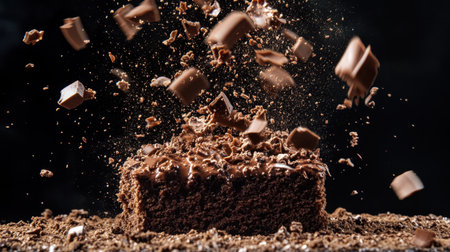 A captivating image showcasing a chocolate cake being dramatically exploded with chunks flying in a dark, moody background, perfect for dessert lovers.の素材