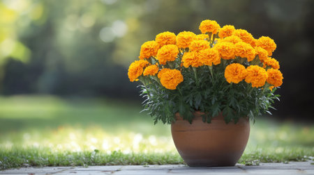 A stunning display of vibrant orange marigolds in a terra cotta pot stands against a soft-focused green backdrop, inviting warmth and joy to any garden space.の素材