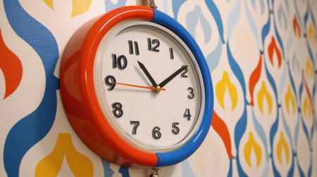 A vibrant and stylish retro wall clock featuring a playful color scheme, set against a beautifully patterned background, enhancing modern interior aesthetics.の素材