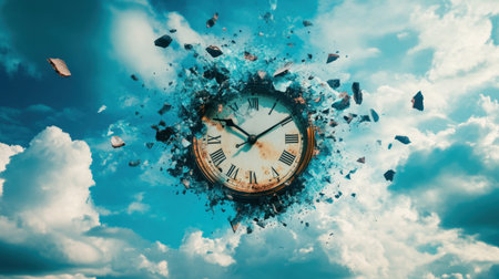 This surreal image showcases a vintage clock bursting through clouds in a vivid blue sky, symbolizing the chaos and passage of time in an artistic manner.の素材
