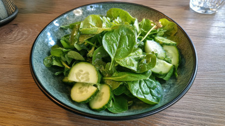 A vibrant and healthy spinach and cucumber salad presented in a green bowl on a wooden table, showcasing fresh and organic ingredients perfect for a light meal.の素材