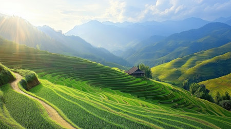 Experience the serene beauty of terraced rice fields bathed in sunlight, set against a backdrop of majestic mountains and clear blue sky.の素材
