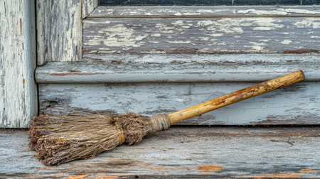 A vintage wooden broom rests on a weathered wooden surface, showcasing rustic charm and history. Ideal for themes of heritage and simplicity.の素材