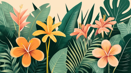 A stunning composition of vibrant tropical flowers and lush green leaves creates a captivating and exotic jungle backdrop, perfect for decoration.の素材
